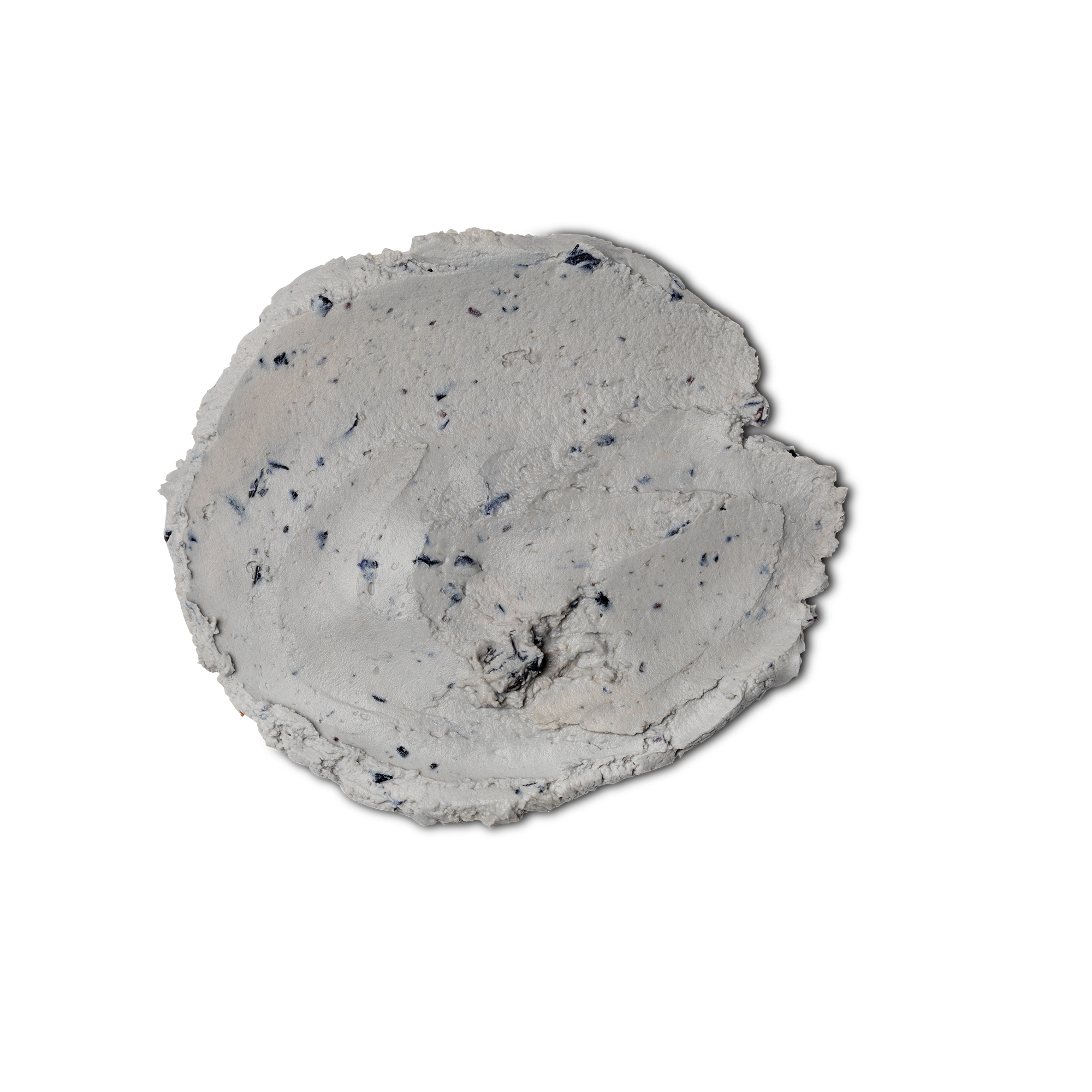 A swatch of thick, pale lilacy blue coloured Catastrophe Cosmetic face mask, complete with tiny pieces of blueberry throughout.