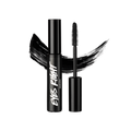 A tube and wand of Eyes Right mascara, both made of black Lush plastic, are positioned in front of a swatch of black mascara.