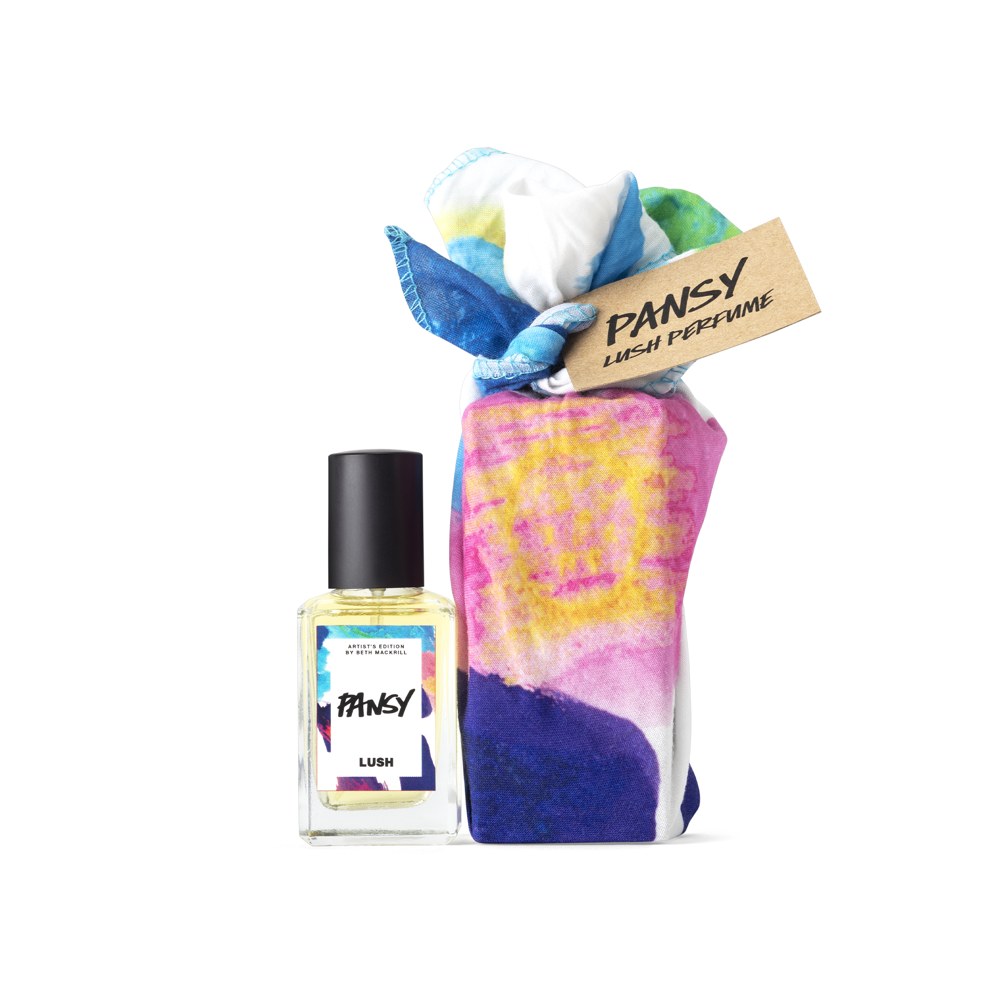 Pansy. A perfume bottle, wrapped in an artistic white, blue, pink, purple and orange knot wrap, complete with a brown gift tag.