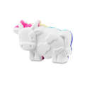 The Toby's Magic Cow Bath Bomb is playfully shaped like a small, friendly cow. While the majority of the bath bomb is a clean white, it features magical pops of vibrant pink, yellow, blue, and purple along its back and tail.